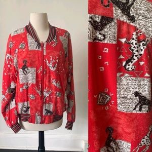 Vintage Giraffe Print Red Bomber Jacket 1990's 90's Animal Safari Bomber Jacket